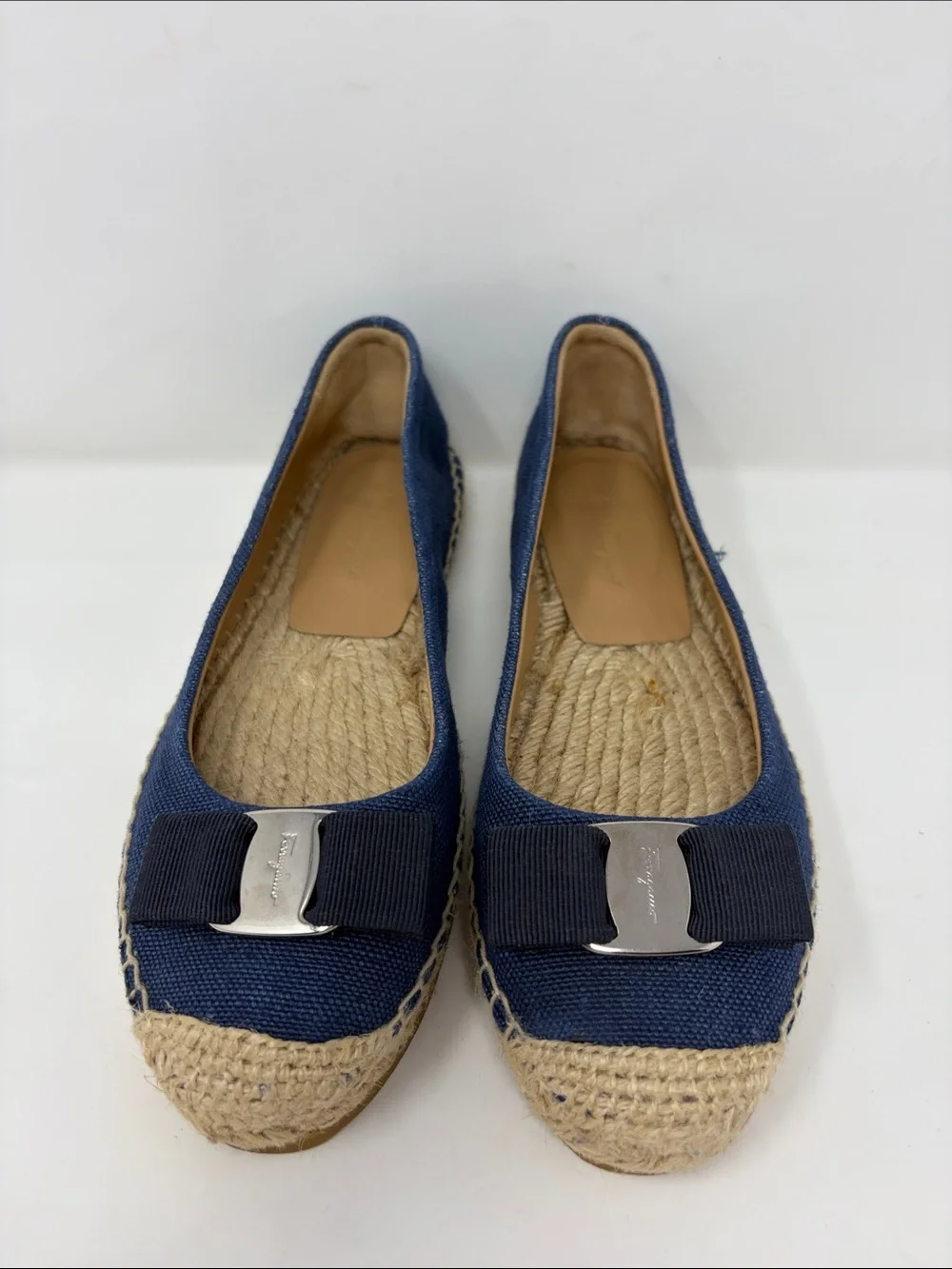 Salvadore Ferragamo Navy Canvas Espadrille Flats with Bow Accent Size 8